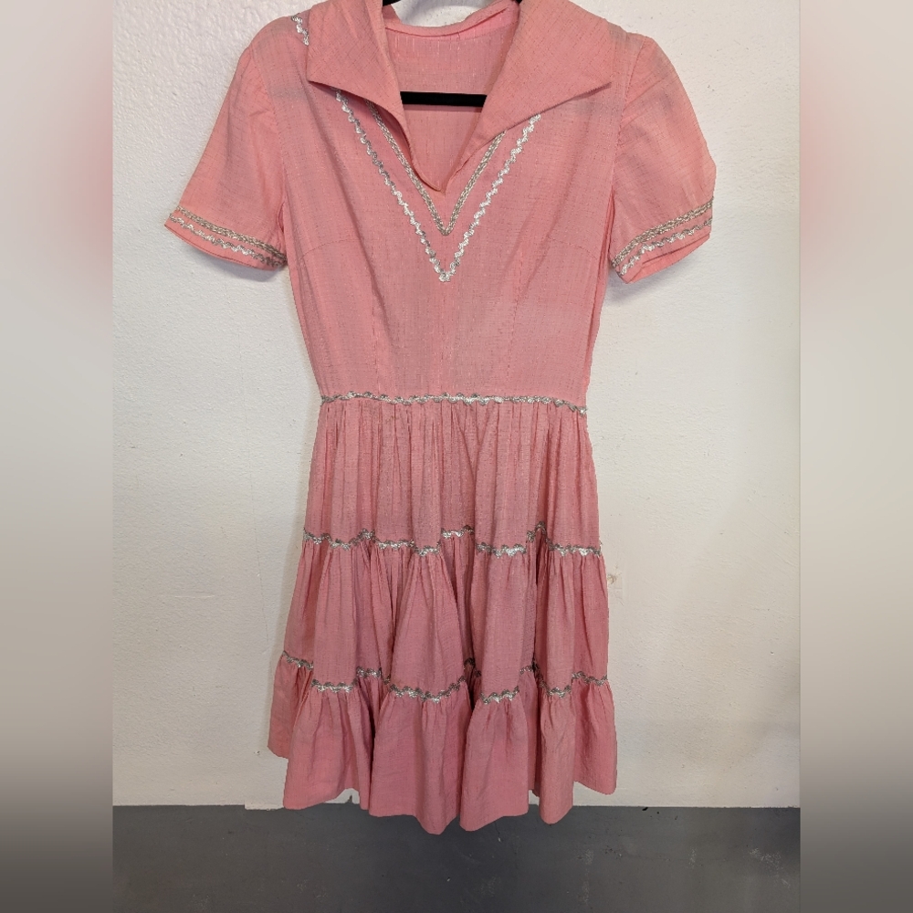Vintage Dress Western 1950s Cottagecore Pink Silver Rickrack Trim Size S